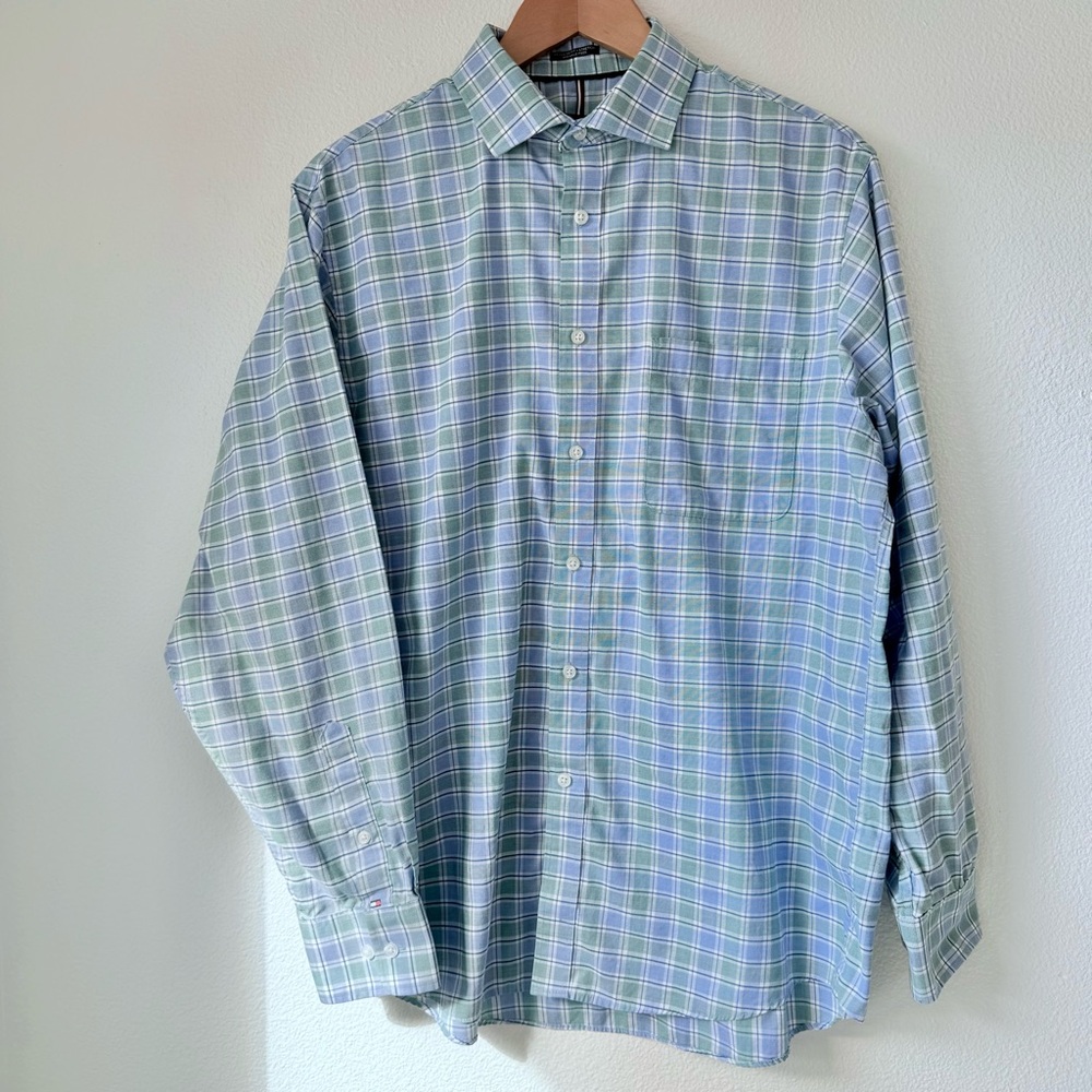 Tommy Hilfiger Regular Fit Stretch-Blue/Green Plaid Button-Down Men’s Shirt L